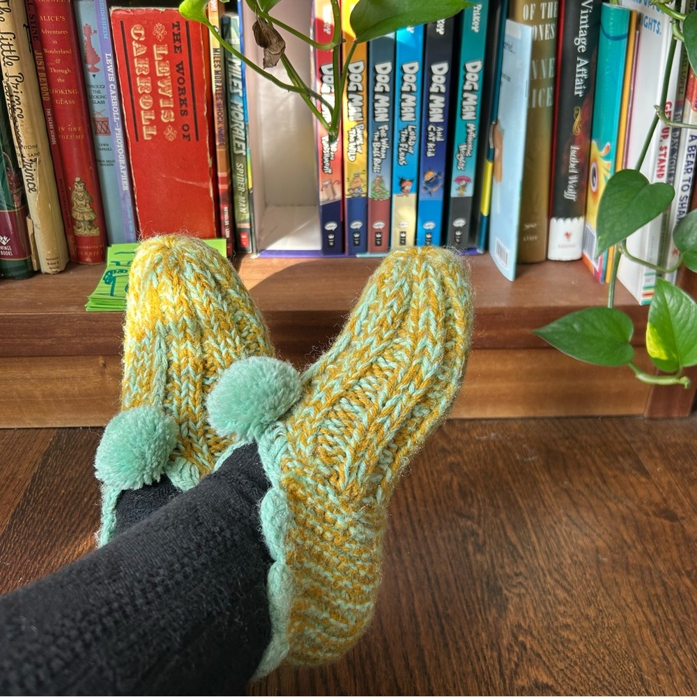 Vintage Handmade Yellow and Green Knit Slippers